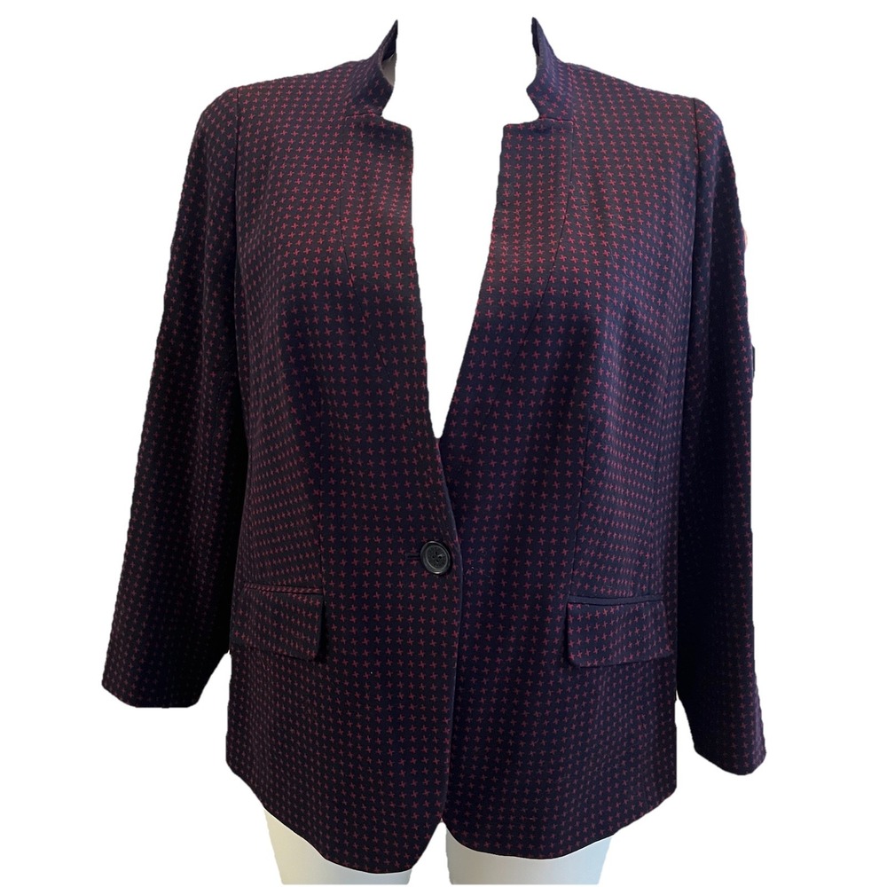 Talbots Aberdeen Knit 1 Button Blazer Jacket 14W Navy Blue Red Mandarin Collar